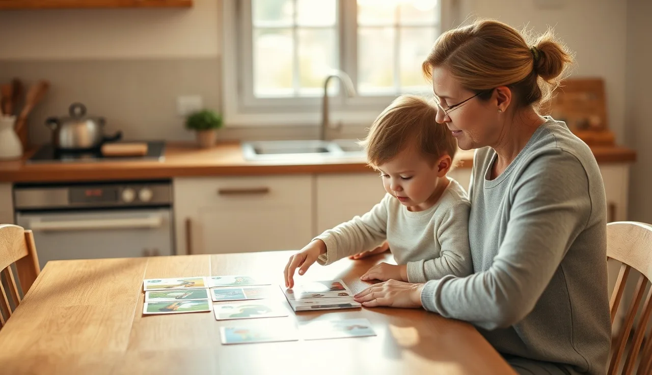 Parent and toddler working with picture cards at a kitchen table