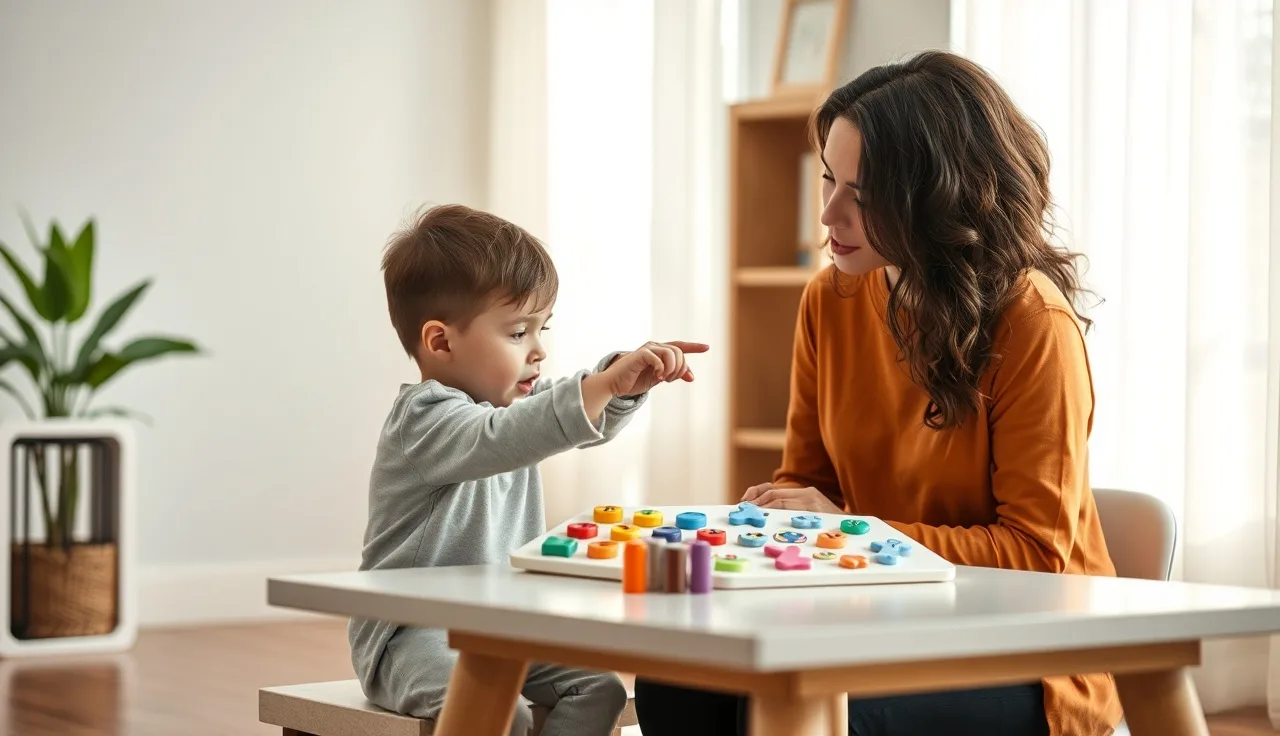 Speech therapist and young child working together at a table with a symbol communication board