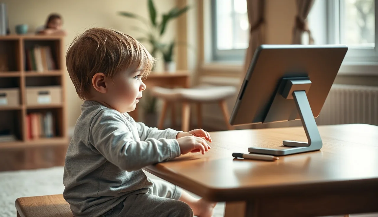 Young child reaching toward AAC tablet mounted on stand in therapy room