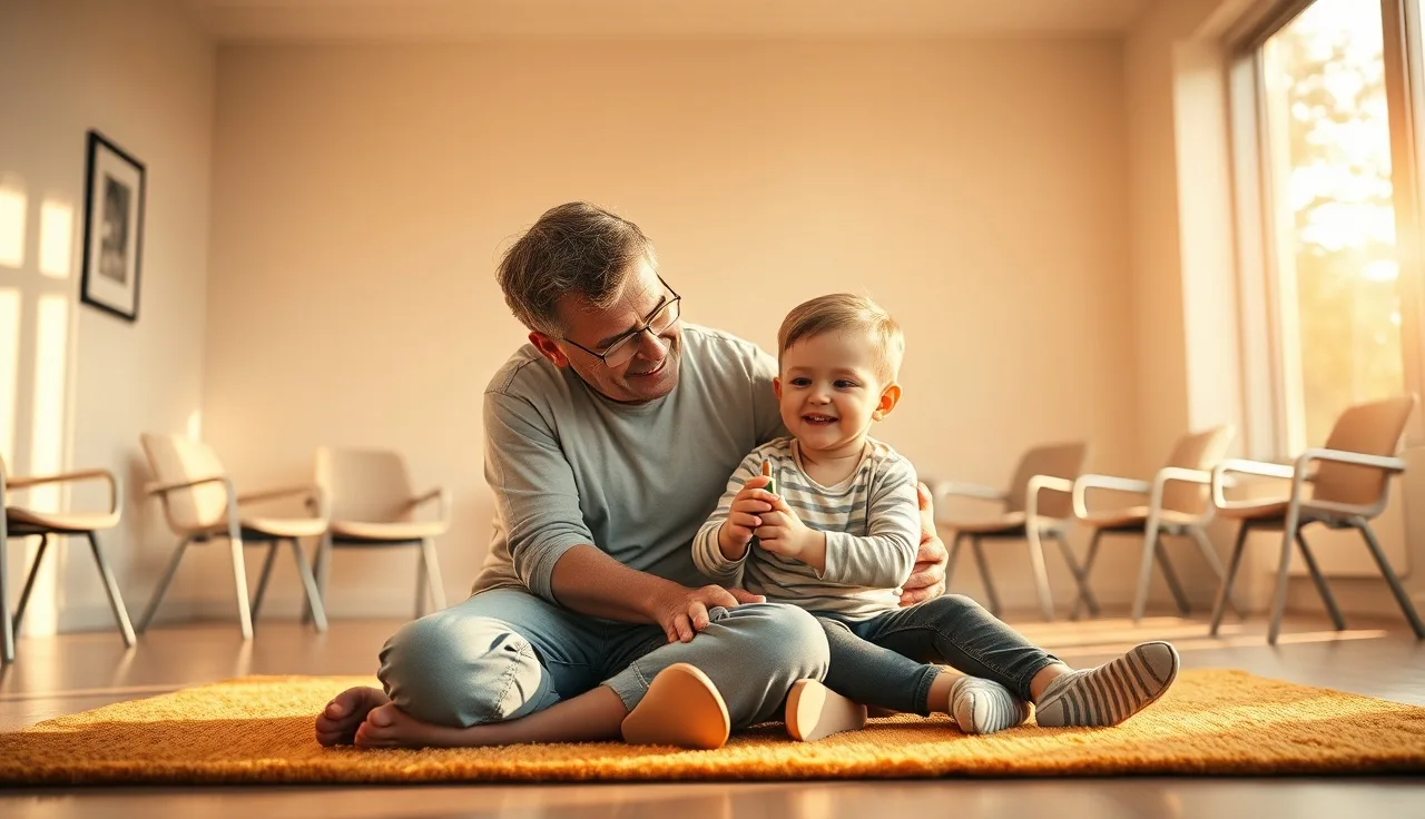Parent and toddler sitting on a rug in a sunlit speech therapy room