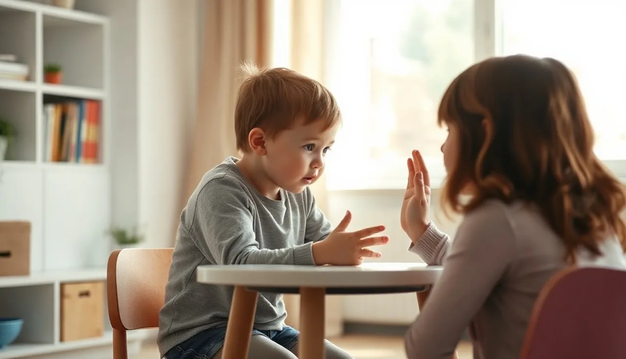 Child and speech therapist practicing speech movements together in a therapy room