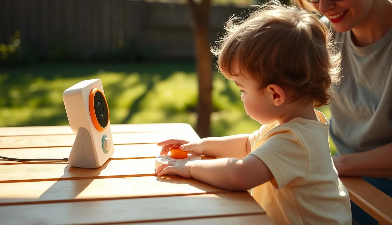 Child using a dedicated AAC speech-generating device at an outdoor table