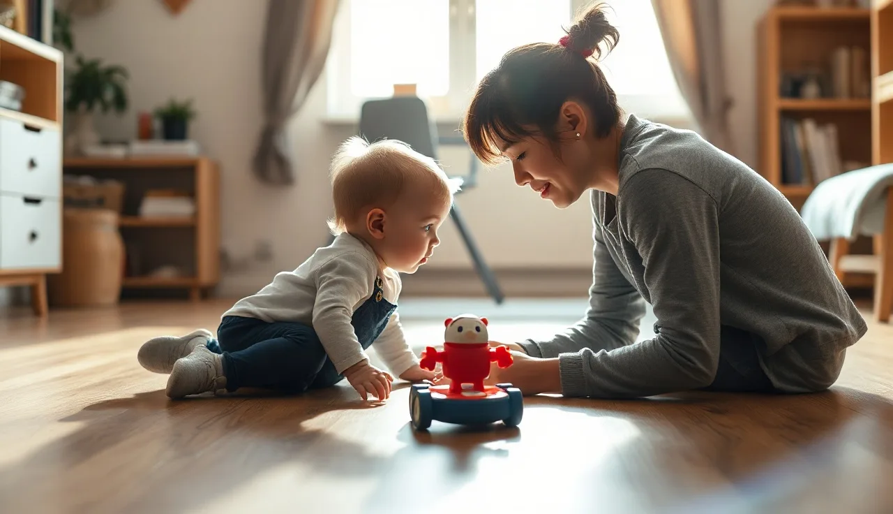 Parent and toddler sitting face to face on floor during communication play