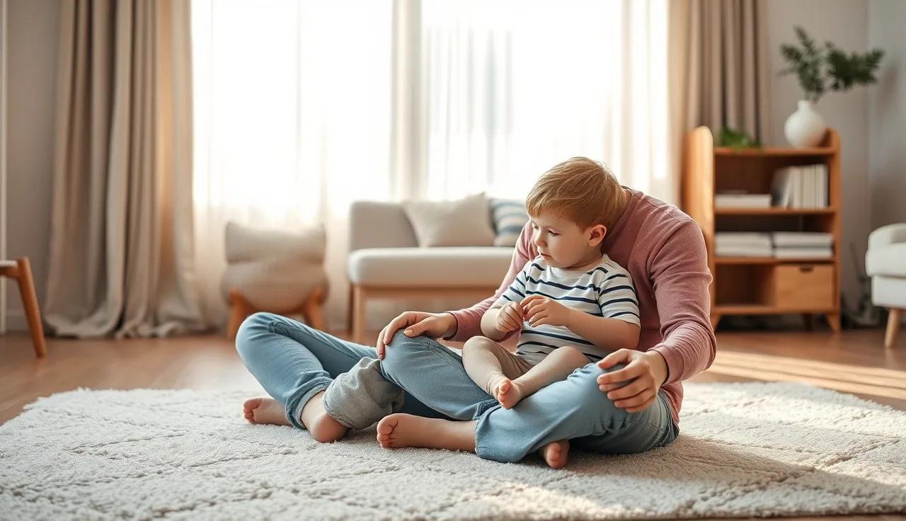 Parent and young child sitting calmly together on a rug, relaxed and connected