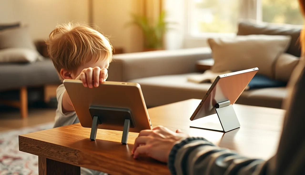 Young child reaching toward an AAC tablet device on a wooden table at home