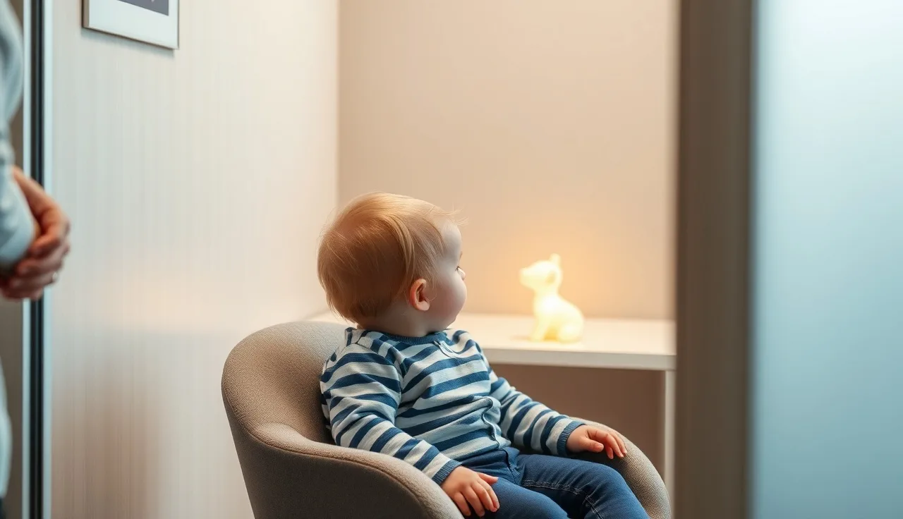 Toddler in audiology booth looking at lighted toy during hearing test
