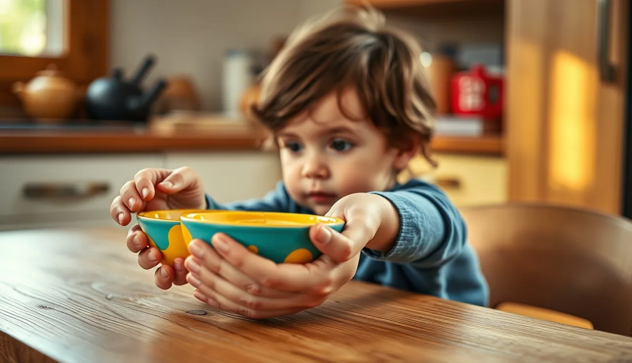 Young child reaching to choose between two bowls held by a caregiver at a kitchen table