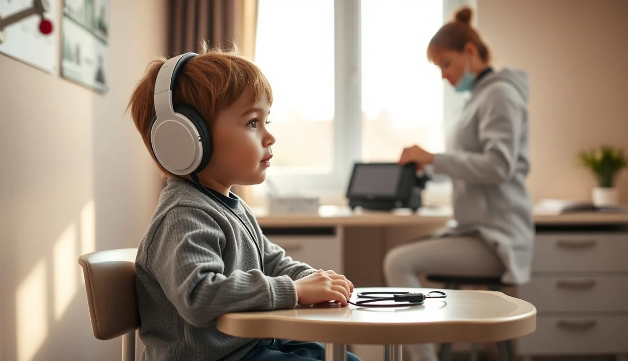 Child wearing headphones during an auditory processing evaluation in a clinical room