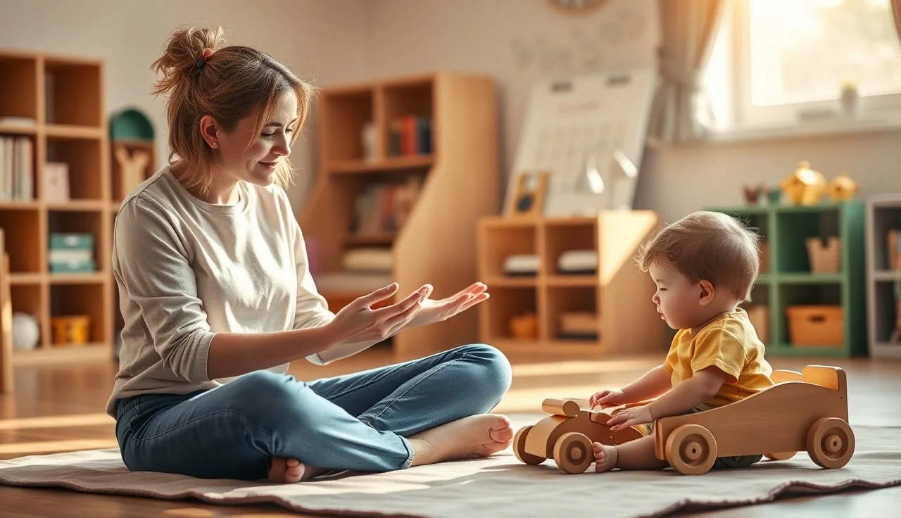 Daycare teacher and toddler on play mat with wooden toy, supporting communication