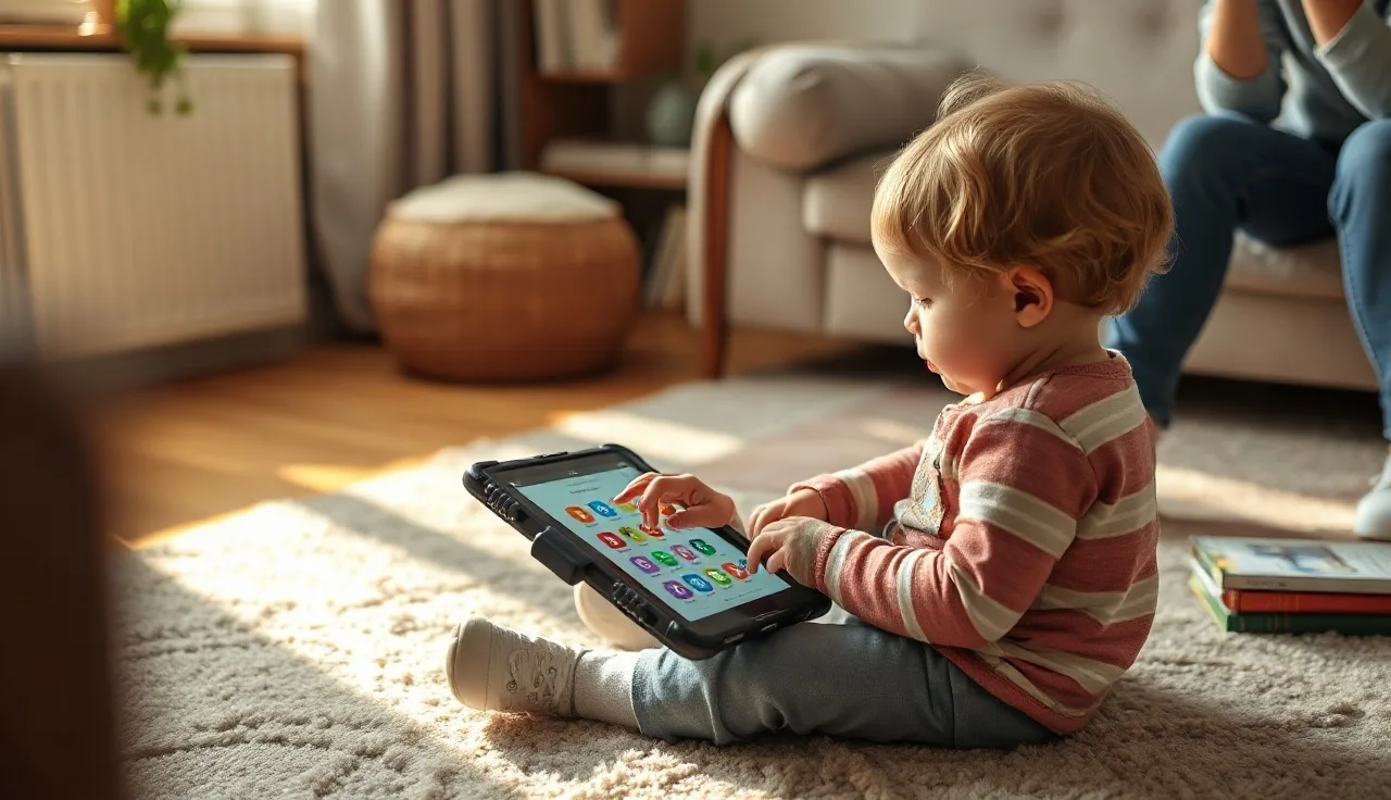 Toddler using a tablet AAC communication device at home with parent nearby