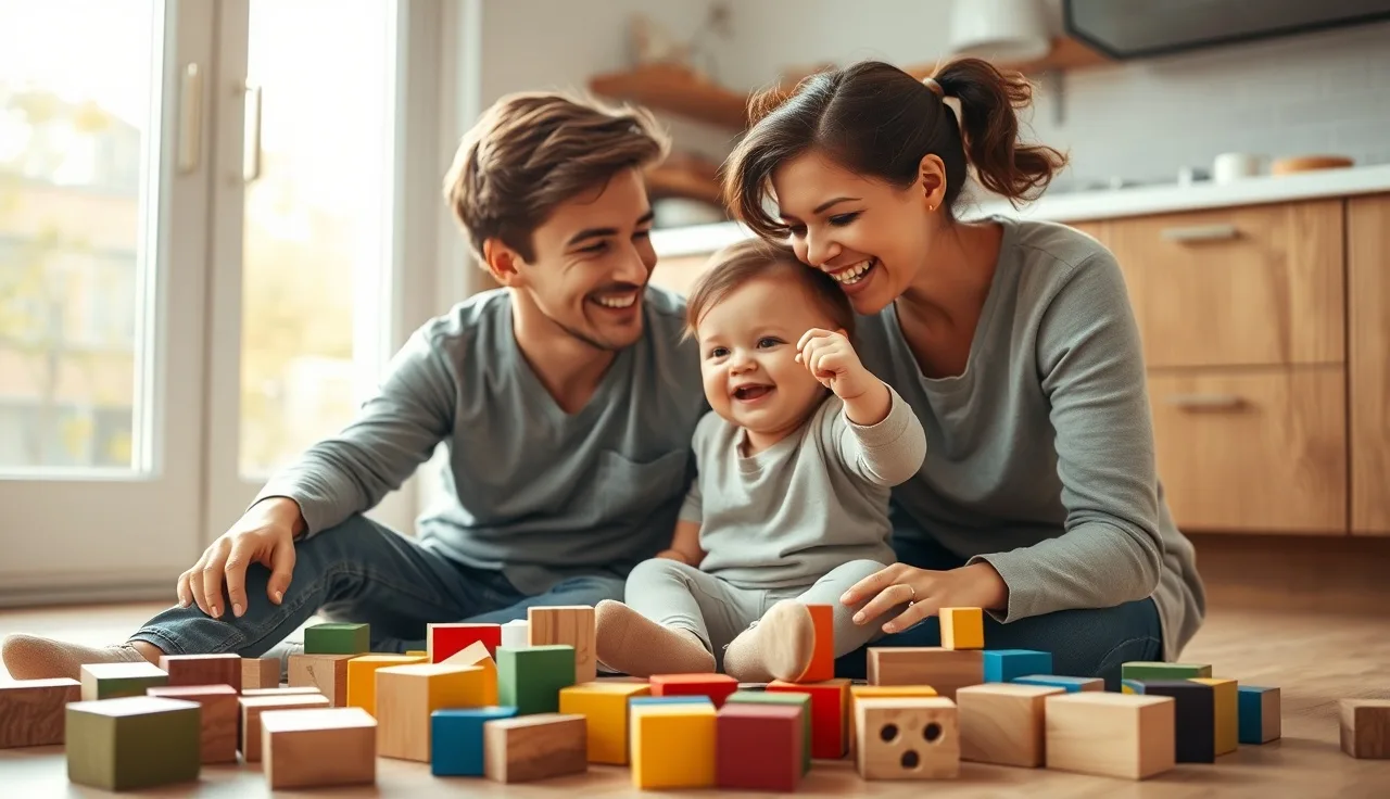 Parent and toddler playing with wooden blocks on a kitchen floor