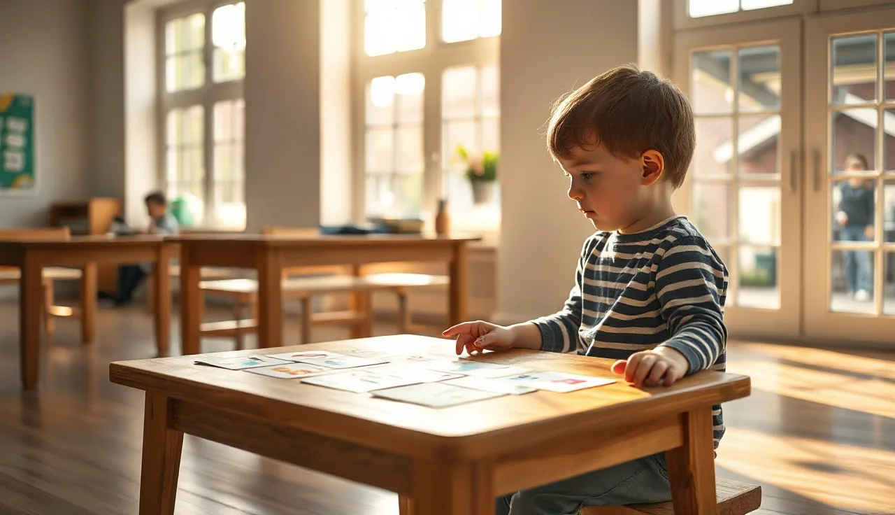Child pointing to AAC communication symbols at a school therapy table