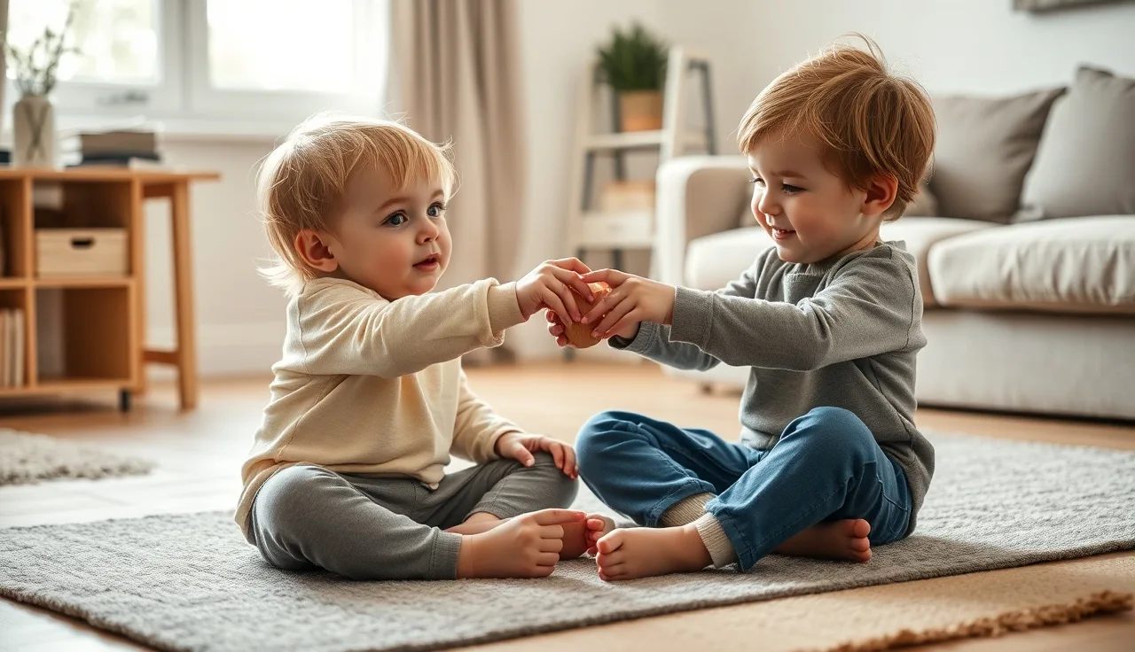 Two siblings on a rug passing a wooden toy during home play