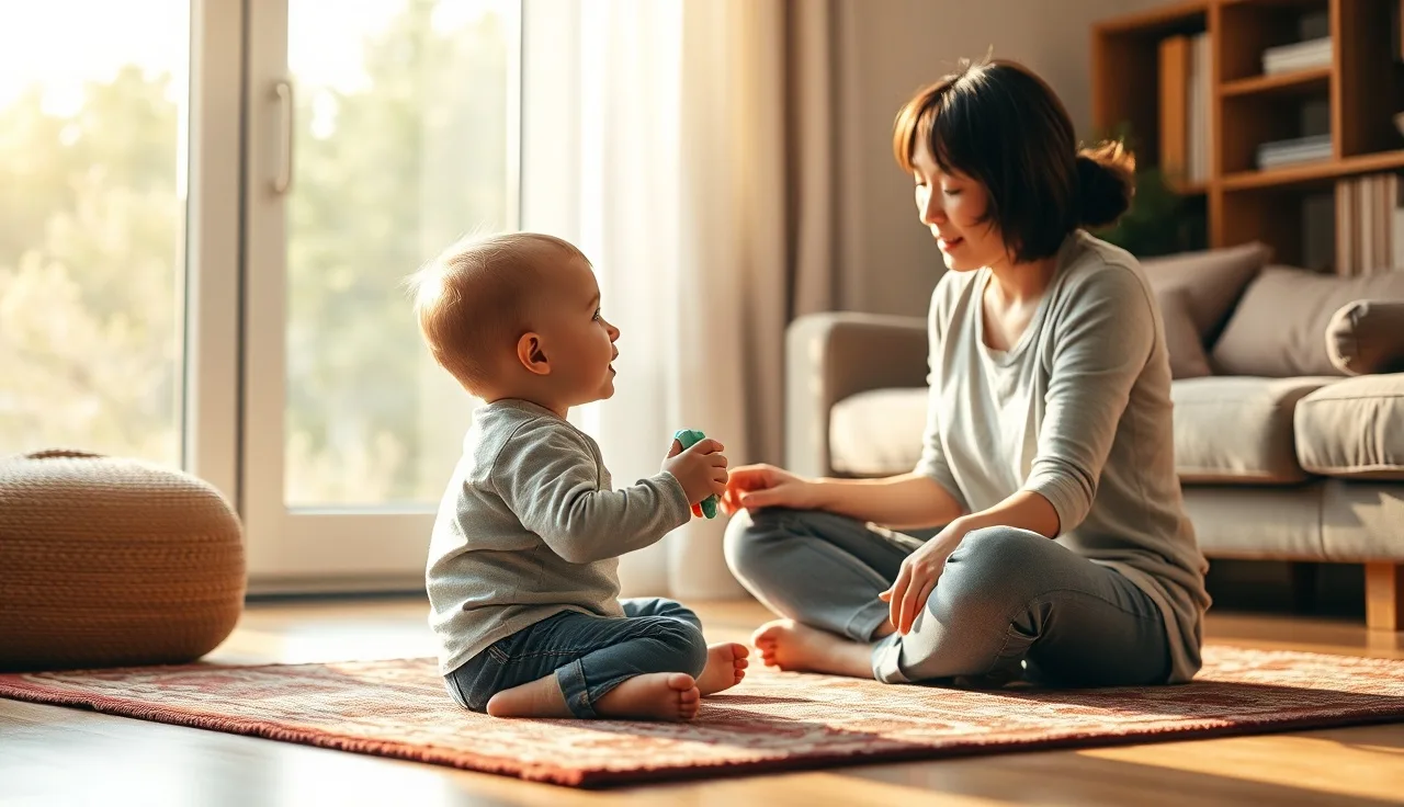 Toddler and speech therapist sitting face to face on a living room floor during a therapy session