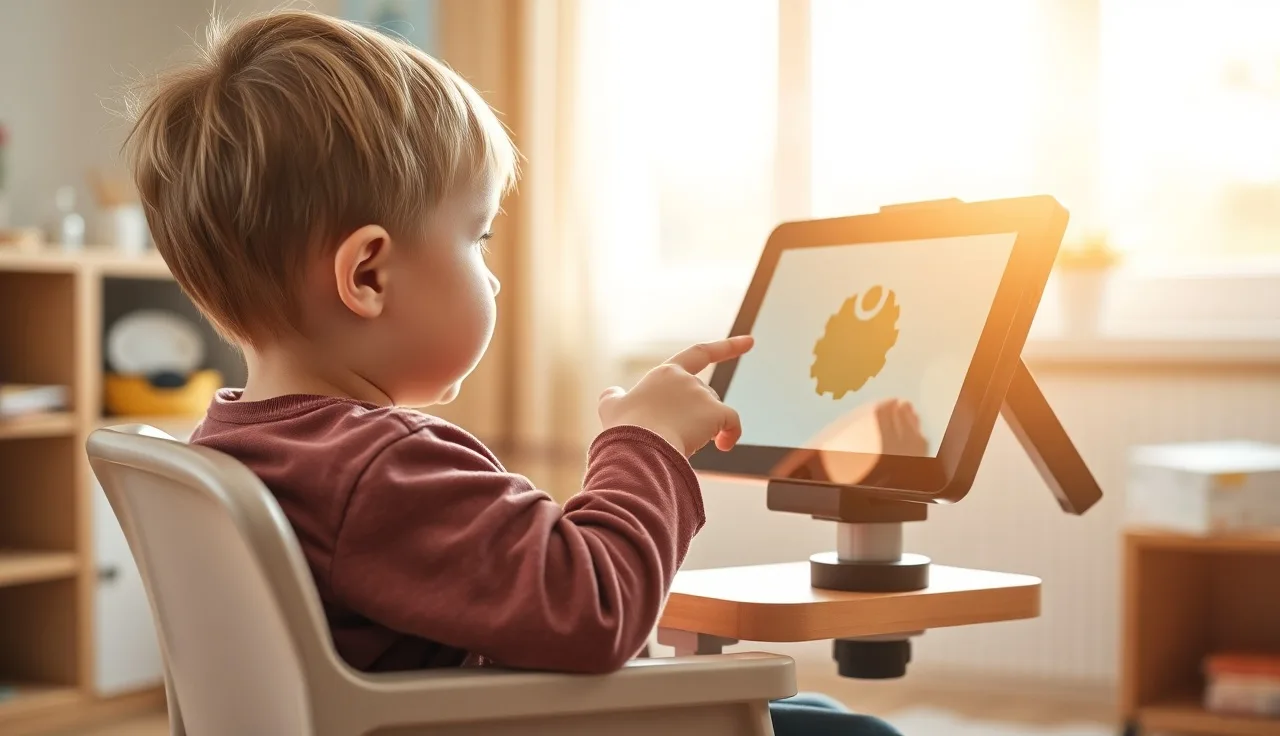 Child with motor difficulties pressing a symbol on a mounted AAC tablet device