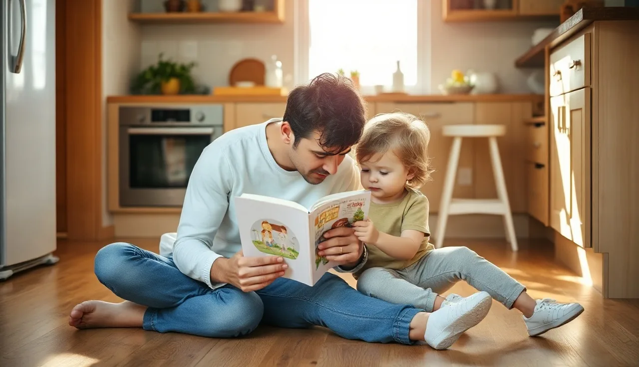 Parent and toddler reading a picture book together on the kitchen floor