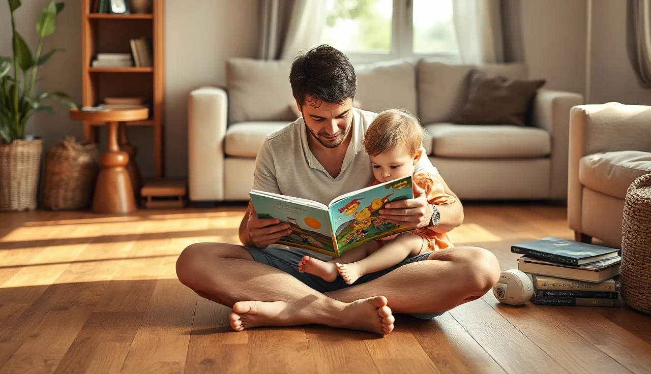 Parent and toddler reading a picture book together on the floor at home