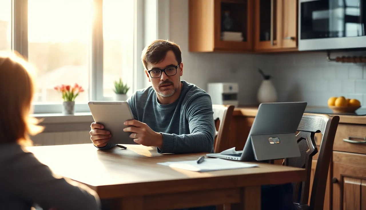 Autistic adult using a tablet communication device at a kitchen table