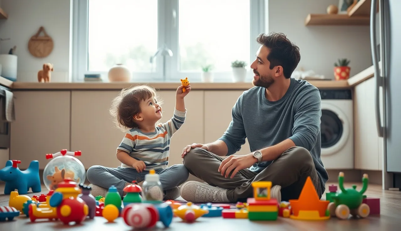Parent and toddler doing speech practice together on kitchen floor with toys