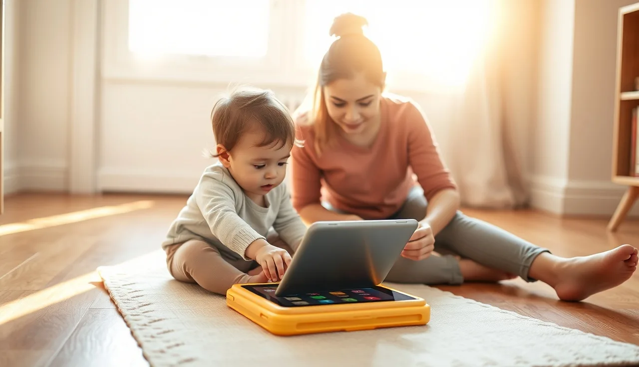 Parent and toddler exploring an AAC communication tablet together on the floor
