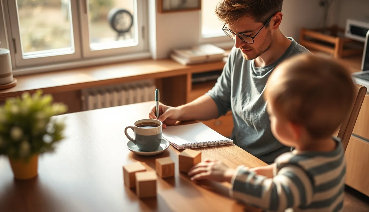 Parent writing in a notebook while child plays nearby, keeping a communication log