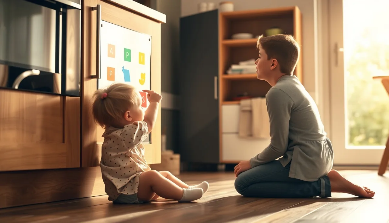 Young child pointing to an AAC communication board mounted in a kitchen cabinet