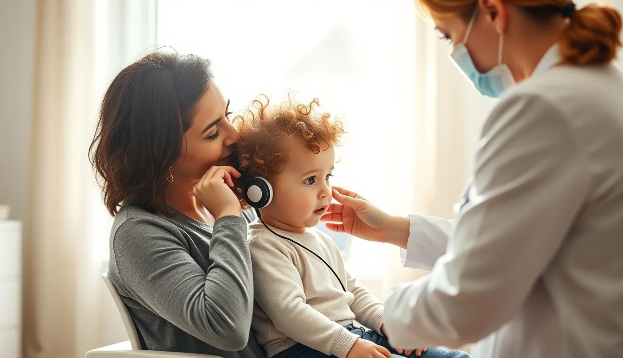 Audiologist placing test earphones on a toddler during a pediatric hearing evaluation