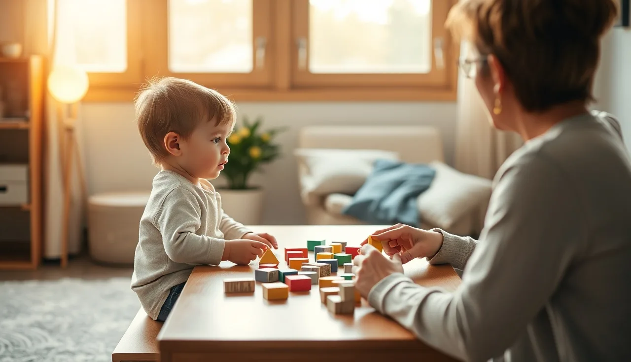 Young child and adult working together at a therapy table with wooden toys