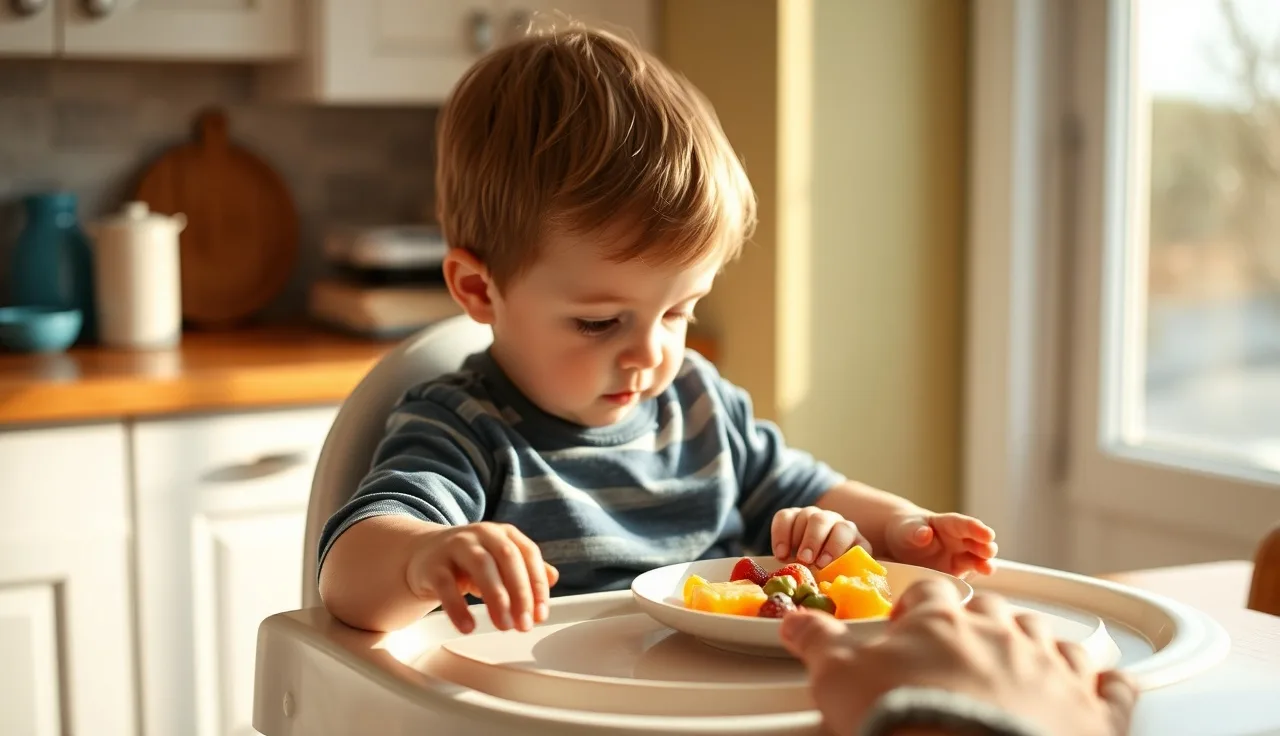Toddler in high chair examining a plate of soft foods during mealtime