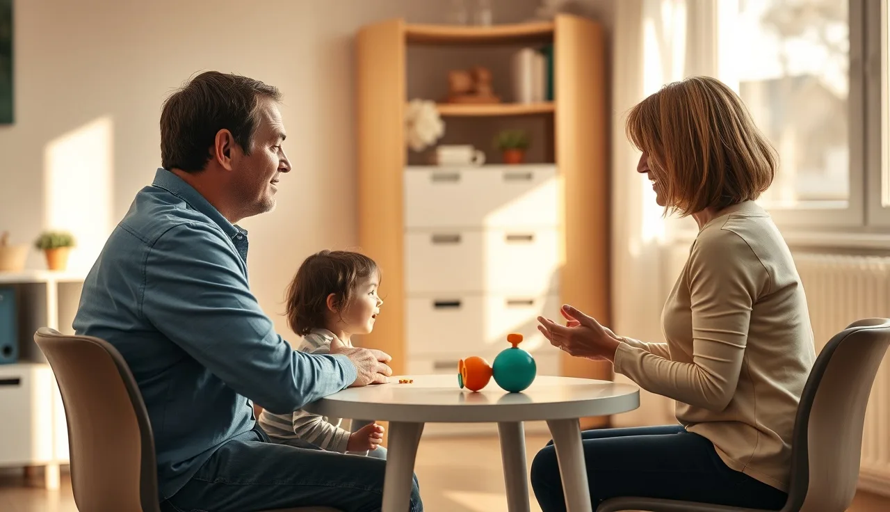 Parent and child in a speech therapy session with a therapist reviewing progress
