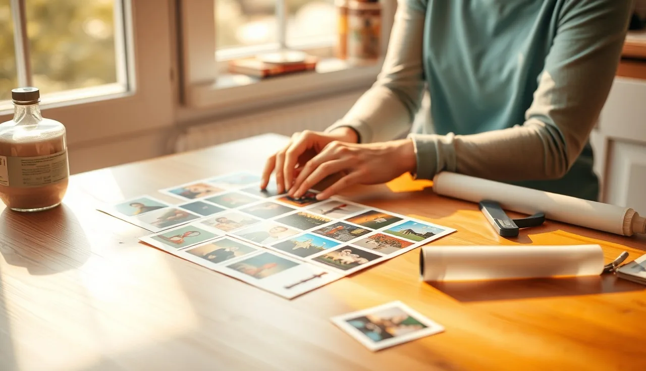 Parent hands arranging laminated picture cards on a kitchen table with crafting supplies