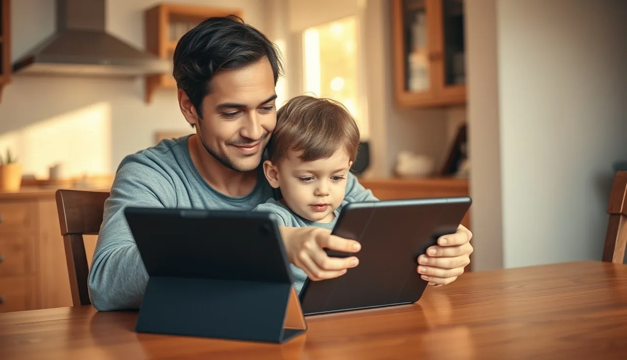 Parent and child at kitchen table with a tablet in a protective AAC case