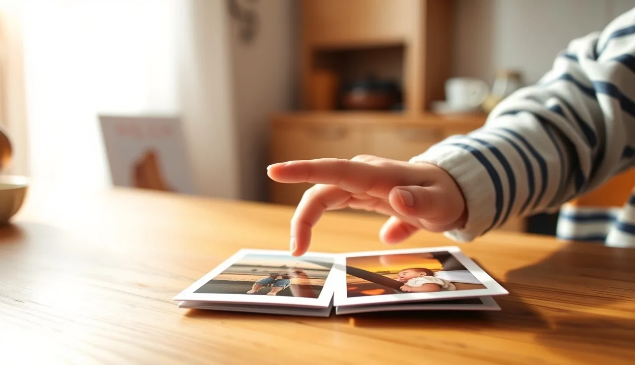 Toddler's hand reaching toward two laminated picture cards on a kitchen table