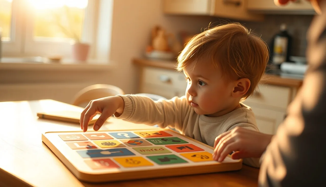 Young child pointing at a laminated low-tech communication book at a kitchen table