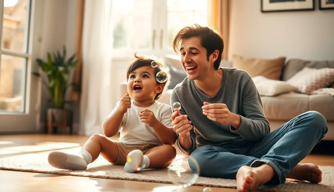 Parent and young child blowing bubbles together on a sunny living room floor