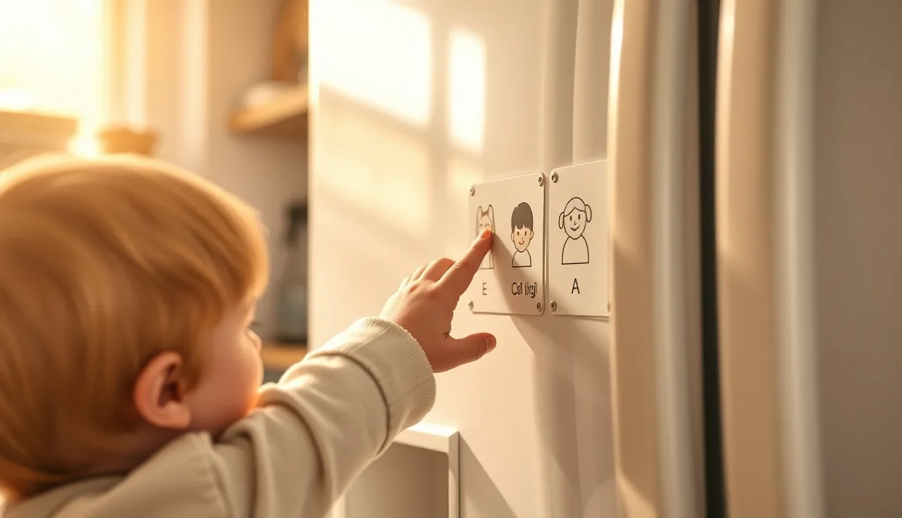 Toddler hand pointing to laminated AAC symbol card on a kitchen communication board