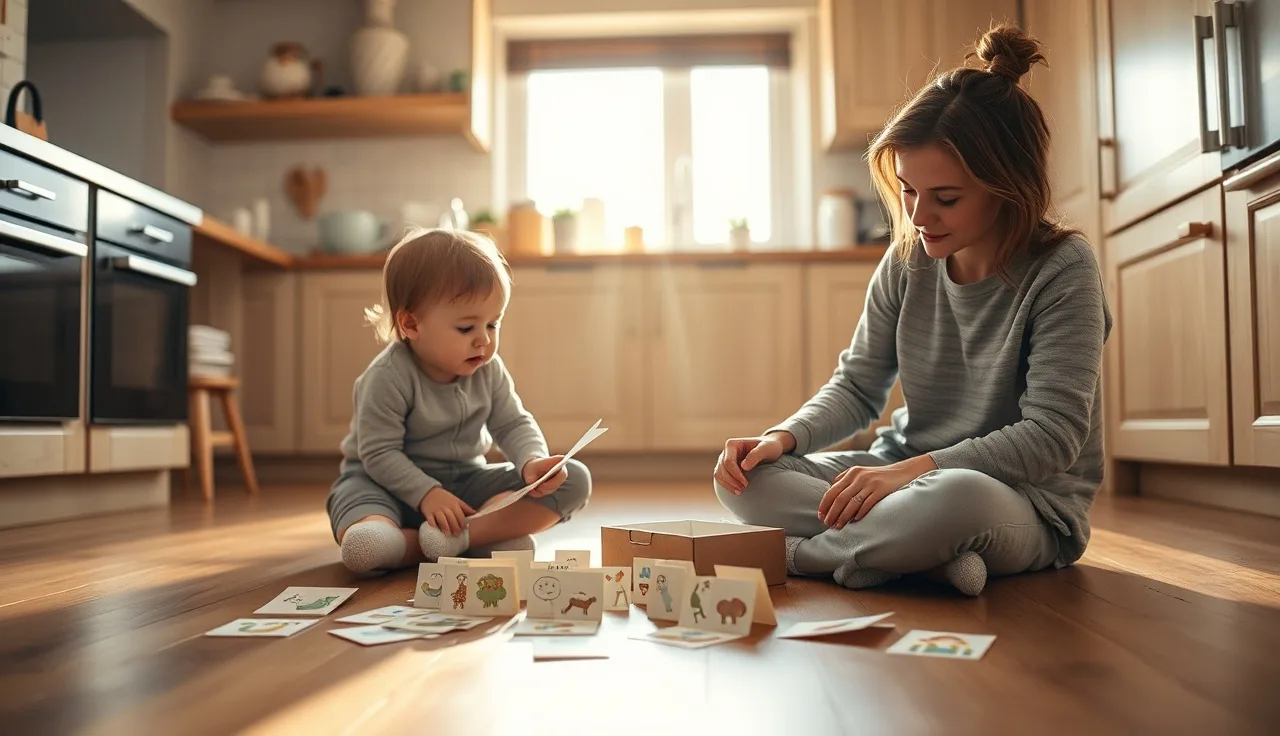 Parent and toddler looking at homemade picture cards on a kitchen floor