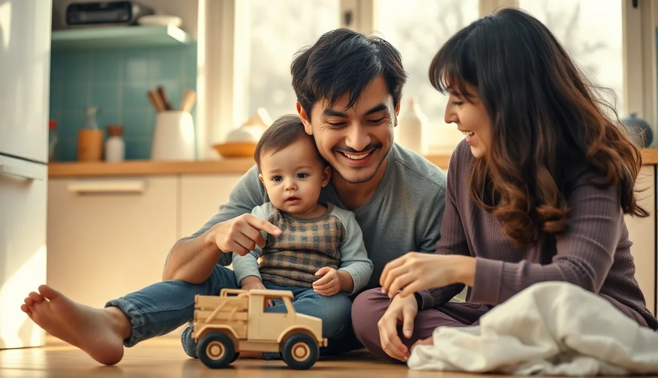 Parent and toddler playing on kitchen floor with wooden toy, talking together