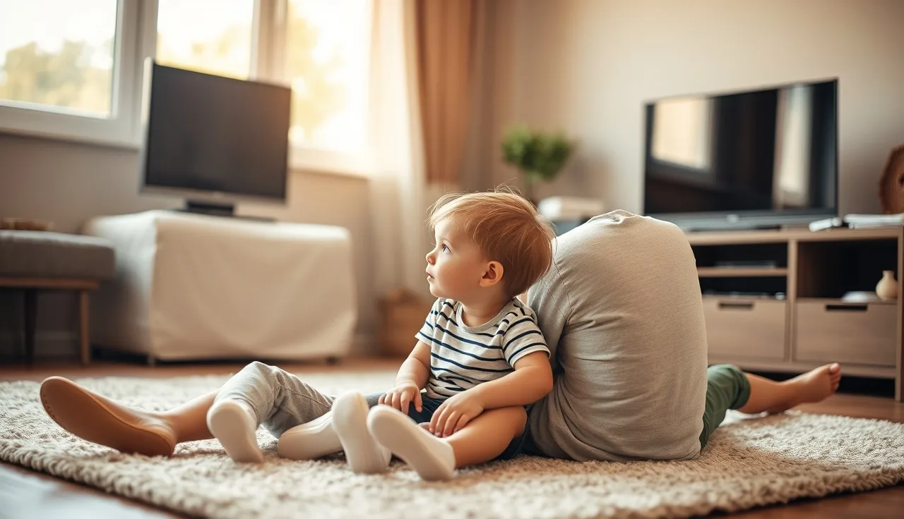 Parent and toddler sitting together watching TV and talking in a sunny living room