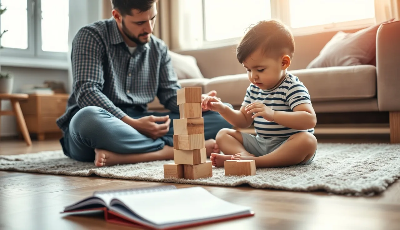 Parent watching toddler play with blocks while taking notes on speech progress at home