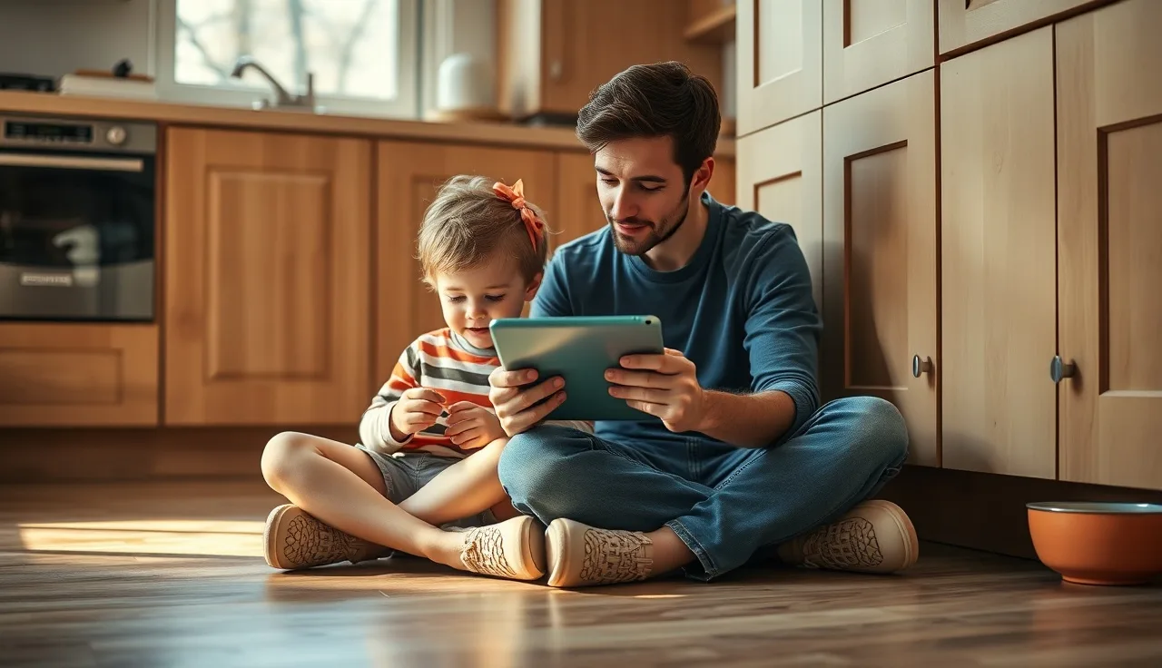 Parent and young child using an AAC tablet together on the kitchen floor during breakfast