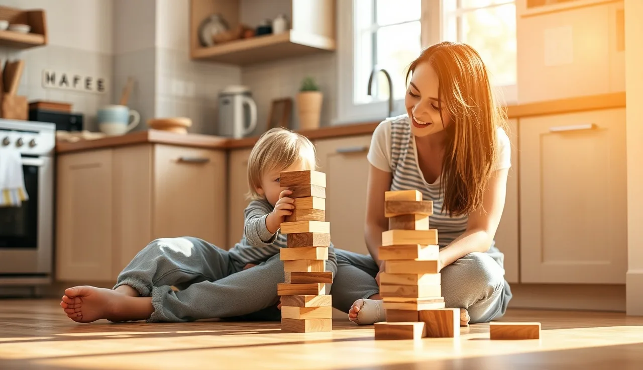 Parent and toddler playing with wooden blocks on a kitchen floor without pressure