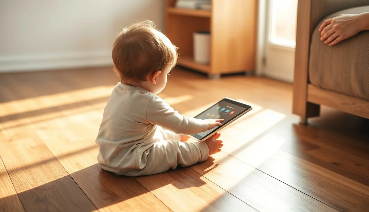 Young child touching a VOCA tablet with symbol grid on a wooden floor