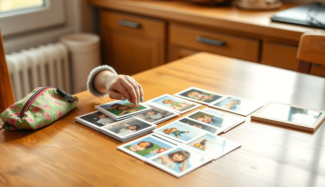 Young child organizing laminated picture communication cards on a wooden table
