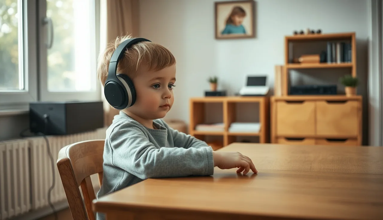 Young child wearing headphones during a hearing test at a quiet home table