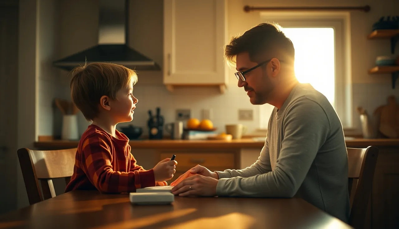 Parent and child practicing speech face-to-face at a kitchen table in morning light