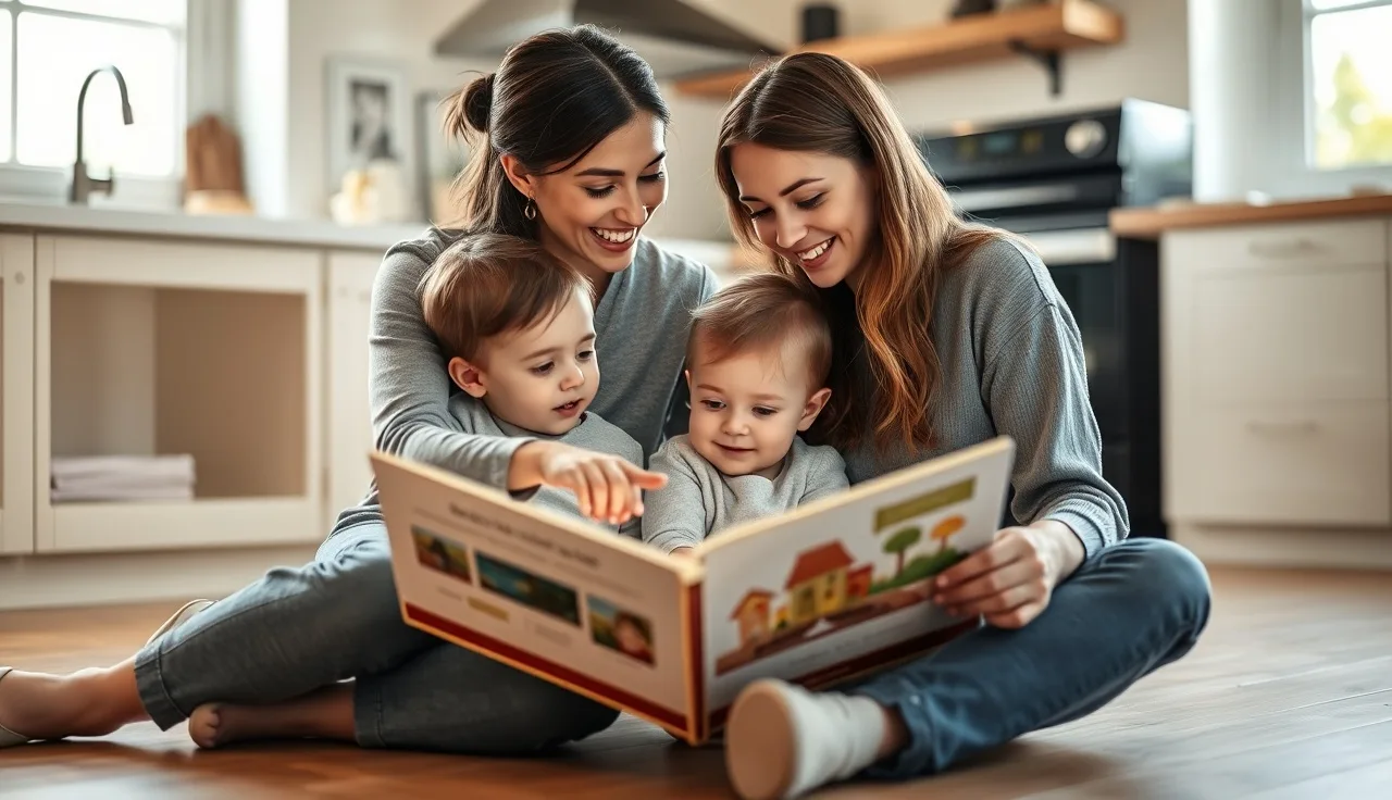 Mother and toddler reading a picture book together on a kitchen floor