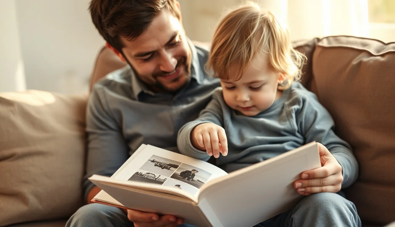 Parent and young child reading a homemade picture book together to prepare for a new situation