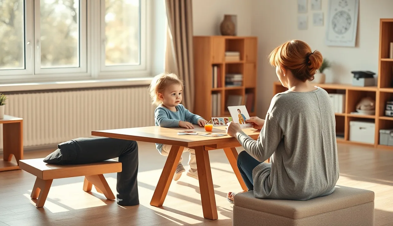 Parent and toddler at a table with an SLP during a speech evaluation