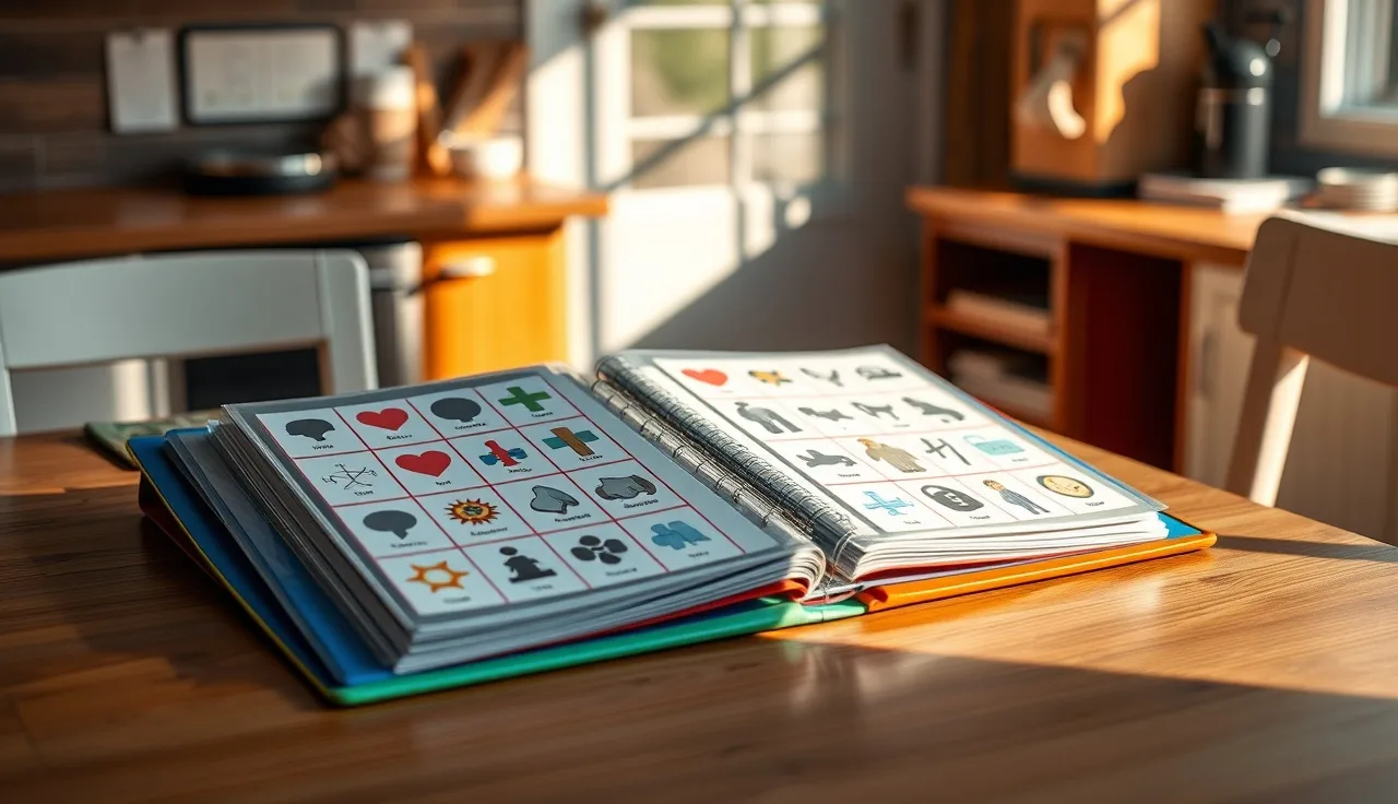 Colorful laminated AAC picture cards organized in a binder on a kitchen table